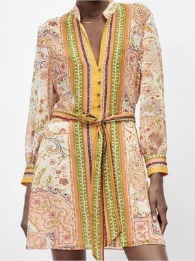 ZARA Paisley Print Belted Chiffon Shirt Tunic Dress